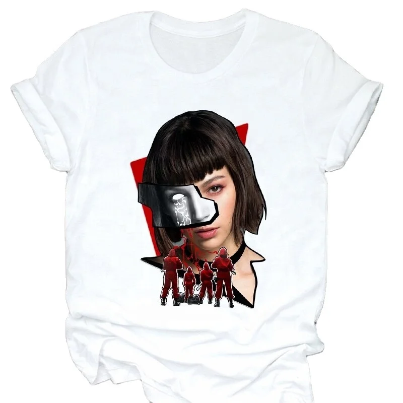 Custom Logo Embroidery T Shirts Custom OEM Summer New Money Heist Harajuku Women T-shirt La Casa De Papel printed Hip Hop T shirt Fashion House of Paper Female DTG Printing design Tee Shirt