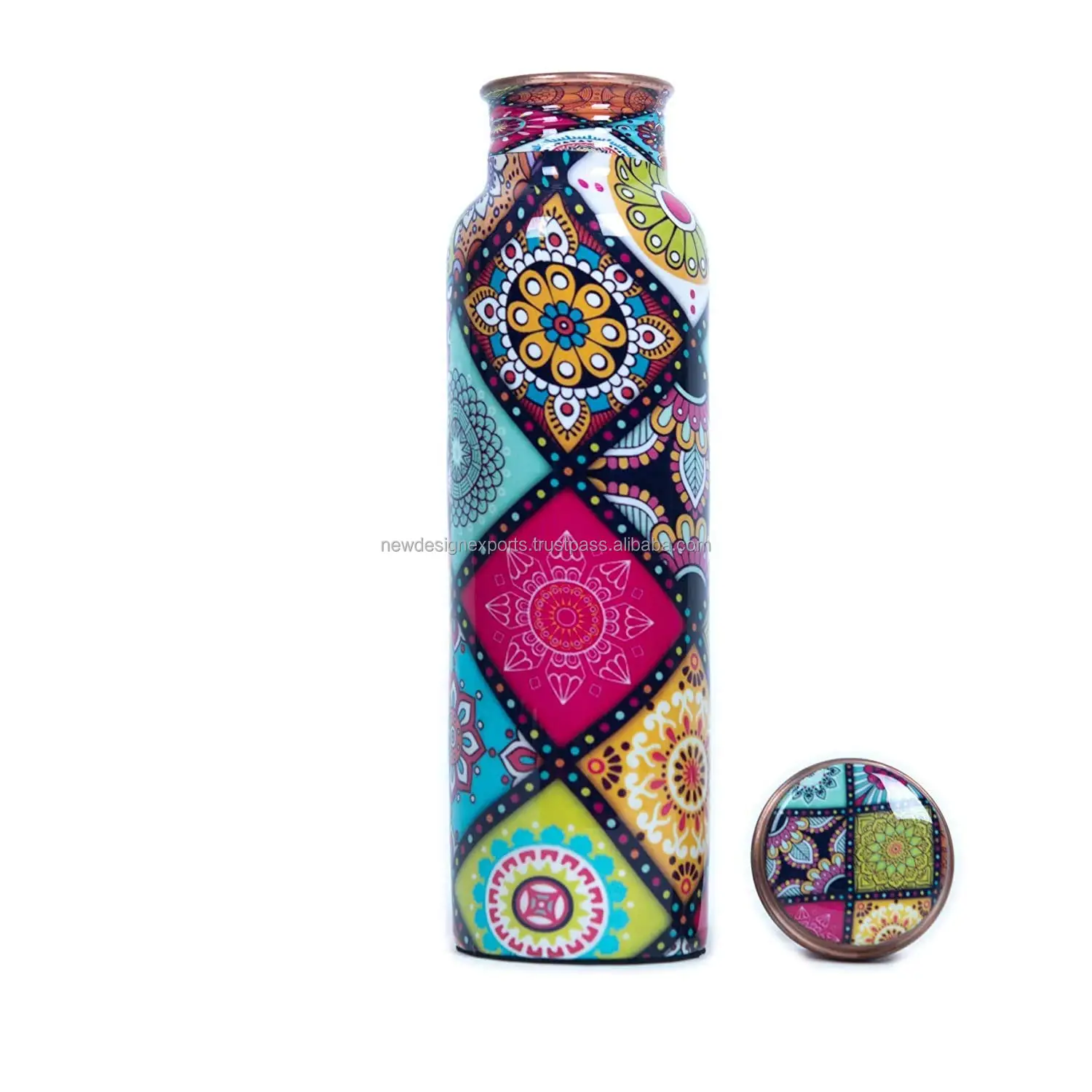 Copper Water Bottle Floral Printed Designer Bottle Pure Copper Bottle for Gym Yoga Travelling Multicolor