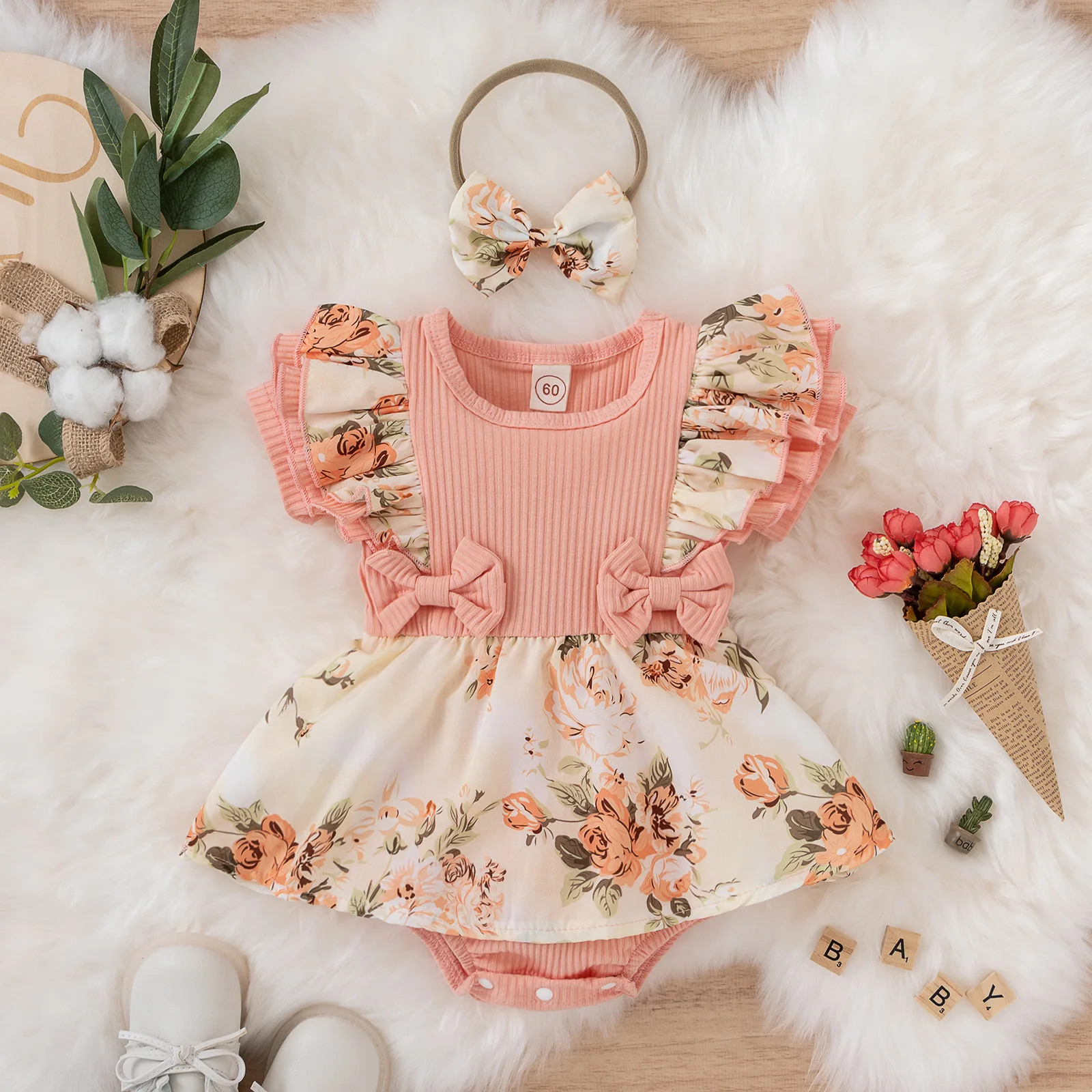 wholesale Baby Girls Dress Set Ruffle Summer Romper Short Sleeve Bow Skirt Cotton Baby Girl Romper