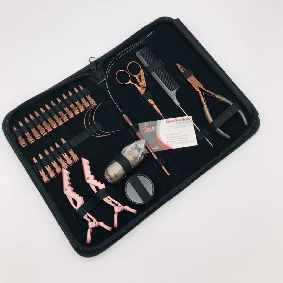 Hand Tied Hair Extension Tools Kit With Sewing Needle Rose Gold Stainless Steel Hair Extension Pliers With Hair Clips, Scissors
