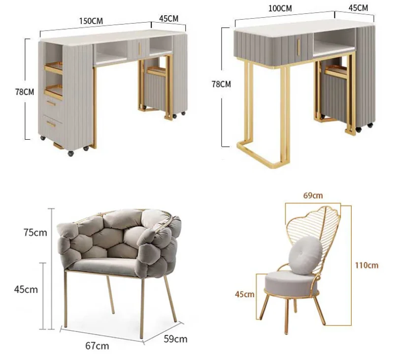 modern beauty salon nail desk white and gold manicure table with chairs Nail Salon Furniture Professional Nail Tech Desk