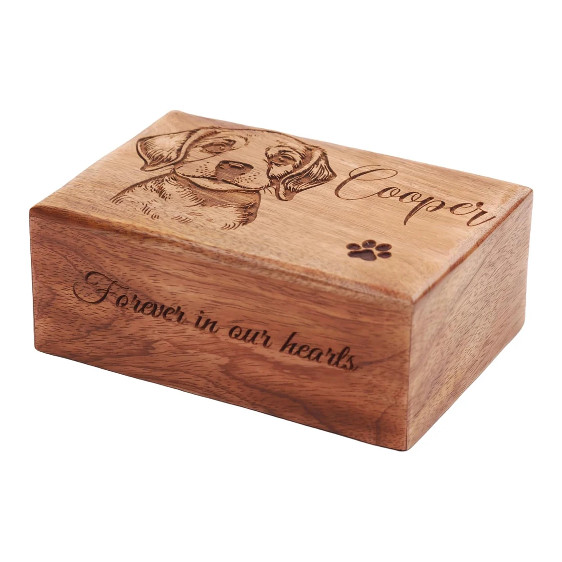 Customized Design Large Wooden Cremation Urns for Dogs Ashes Mango Wood Memorial Urns Paw Print Photo Engraved Urn Manufacturer