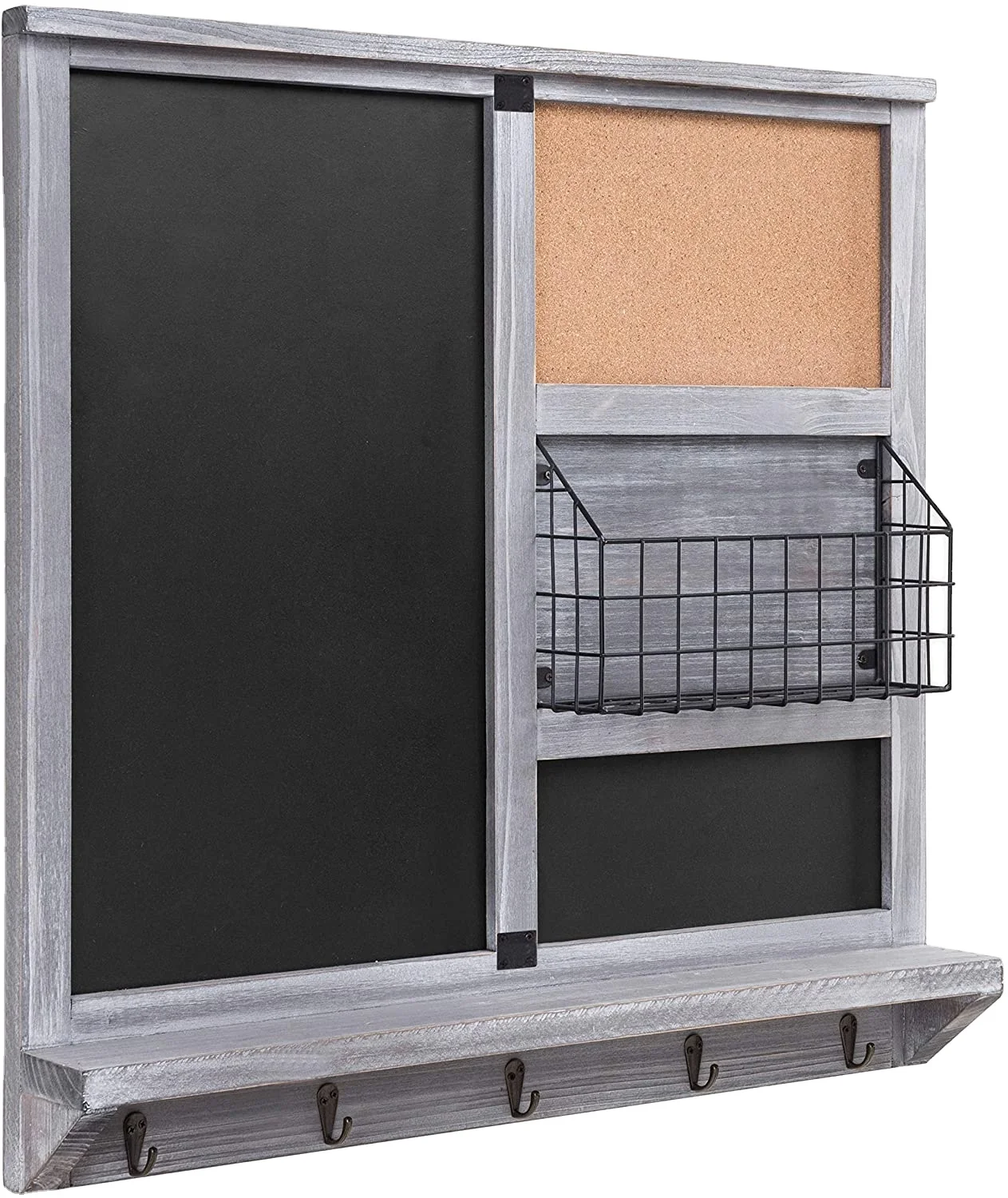 Vintage Gray Wood Chalkboard sign Cork Board Sign with Mail Basket key holder hook
