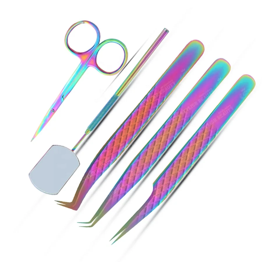 High Quality Professional Eyelash Extension Tweezers Hot Pink Color Custom Logo Eyelash Tweezers With Mirror And Scissor Set