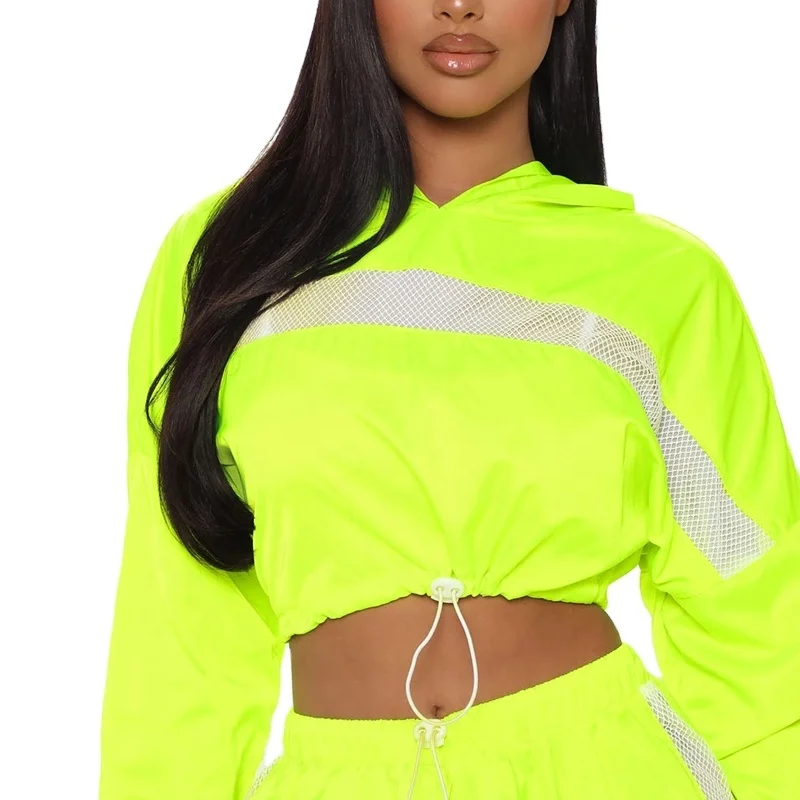 Long Sleeve Pullover Neon Cropped Jacket Women Drawstring Waistbreaker Jogger Pants Sefffffh