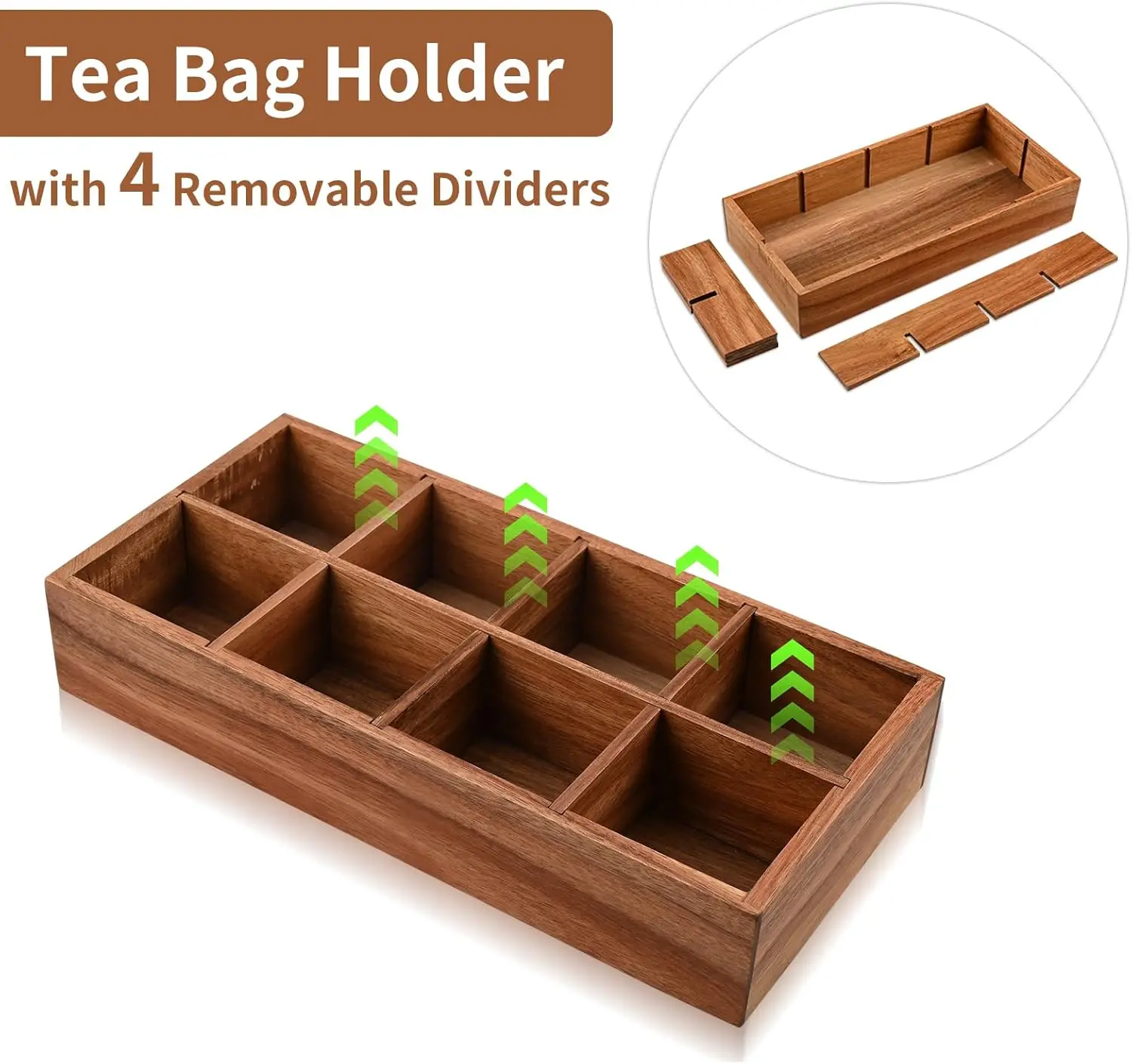 Multifunctional Acacia Wooden Tea Bag Storage Organizer with 8 Compartments Tea Storage Box with Removable Divider