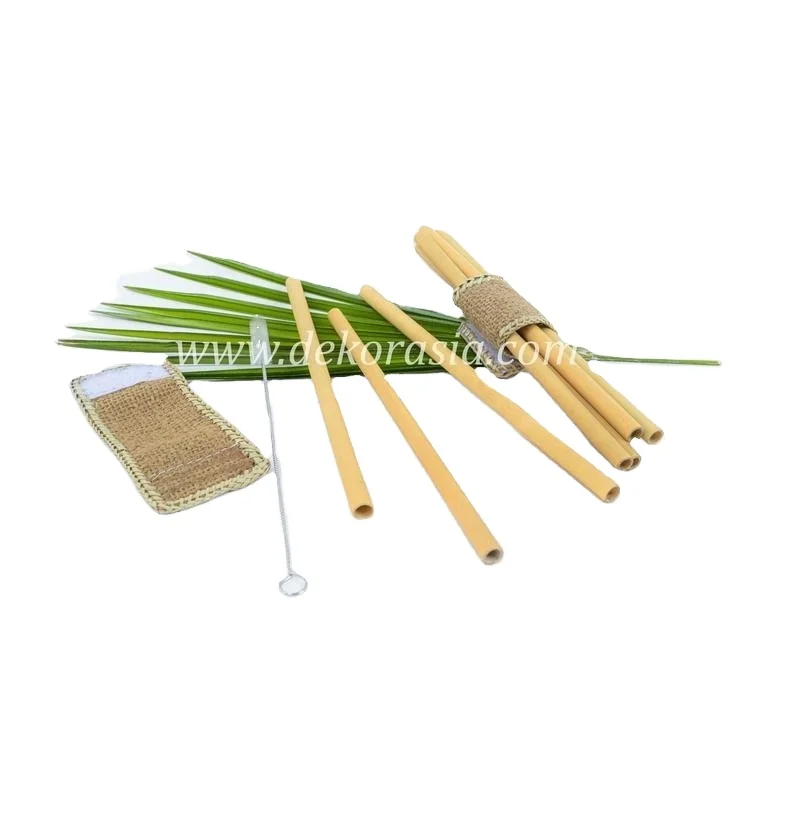 Bamboo Straw Set with Pandanus Napkin Ring with 10 of bamboo Straws and 1 Stainless Brush and 1 Woven Bamboo Napkin Ring