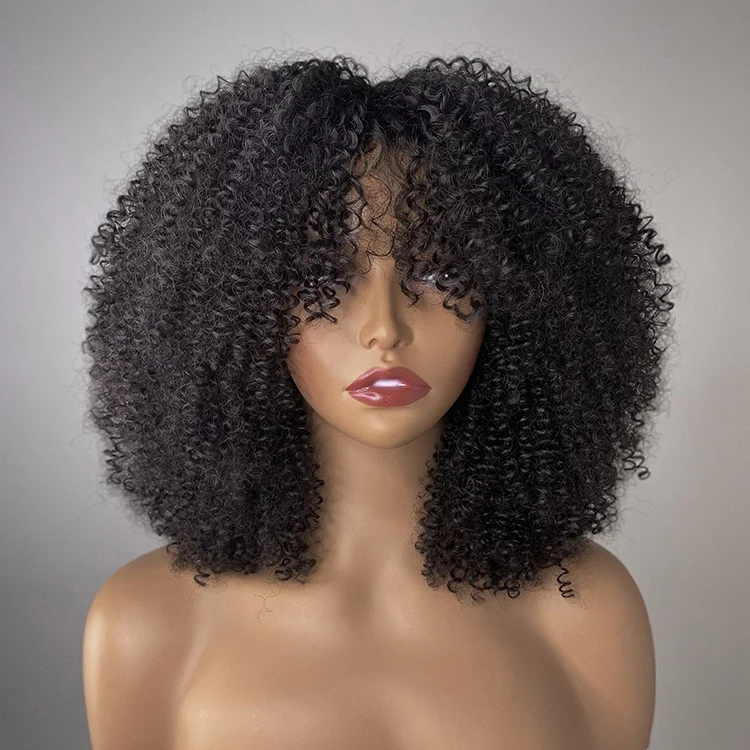 Kinky Curly Bob Wigs with Bangs for Black Women Virgin Human Hair Short Wigs High Density Machine Made Peruvian Hair Wig