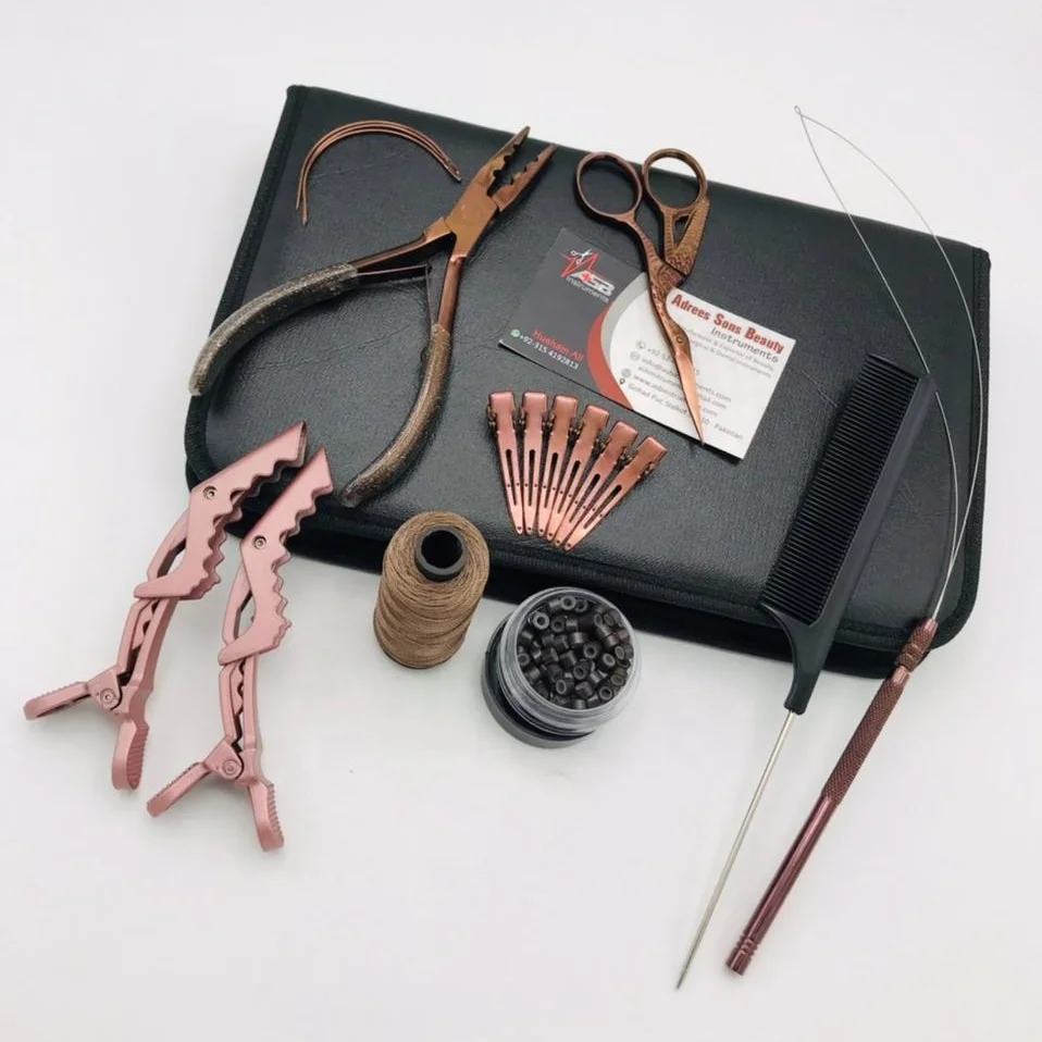Hand Tied Hair Extension Tools Kit With Sewing Needle Rose Gold Stainless Steel Hair Extension Pliers With Hair Clips, Scissors
