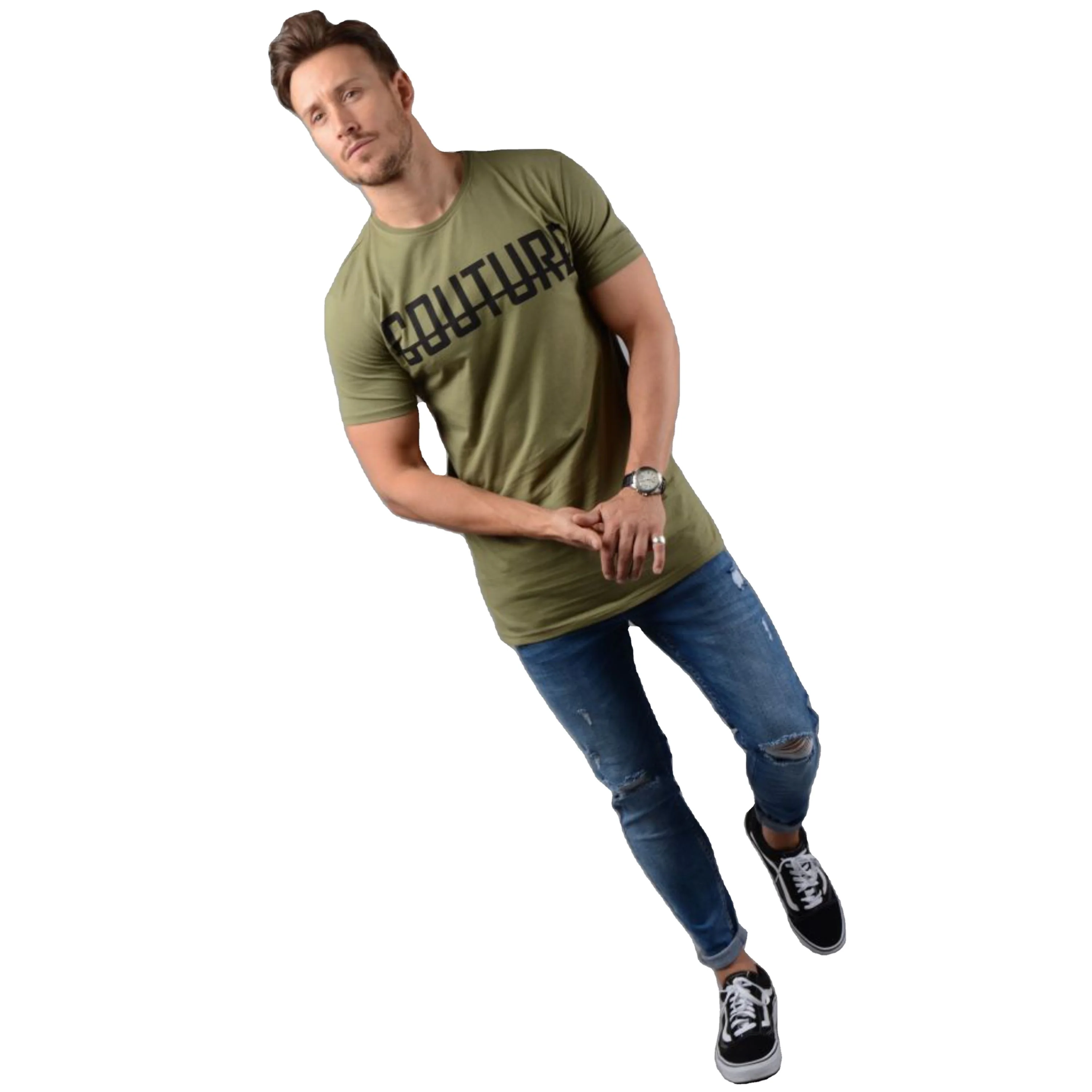Wholesale Mens Fashion Breathable Plain Longline T-Shirt Khaki/Army Green T Shirt Factory Price Manufacturer