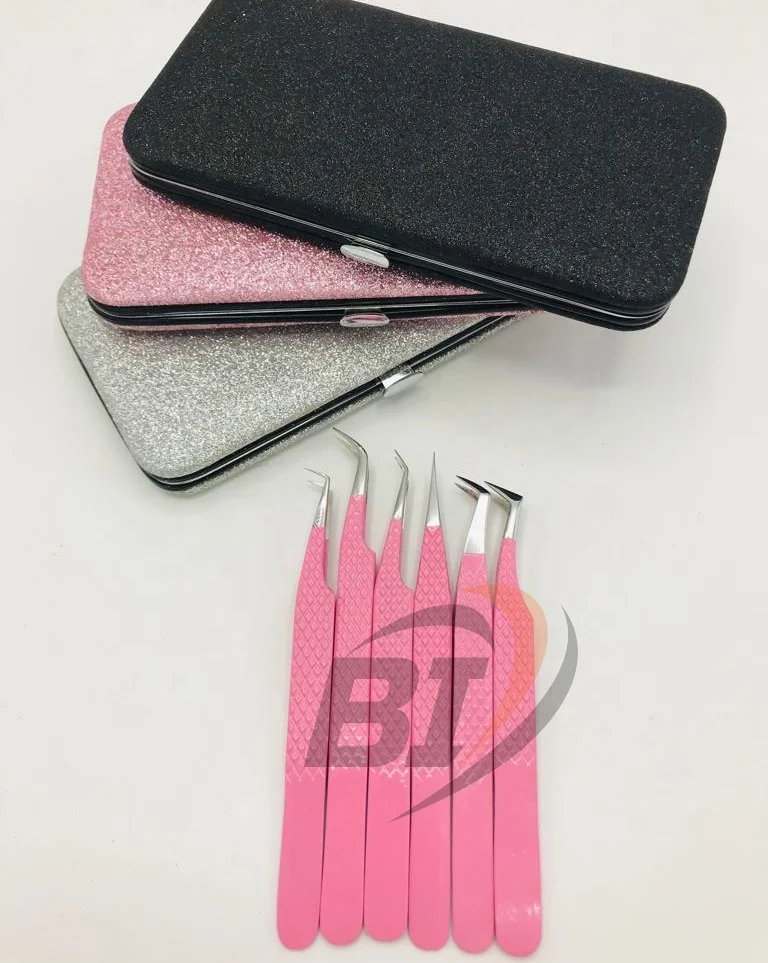 Pink Color Coated Stainless Steel Hand Tested Diamond Grip Eyelash Extension Tweezers/ Tweezers for Eyelash Extension