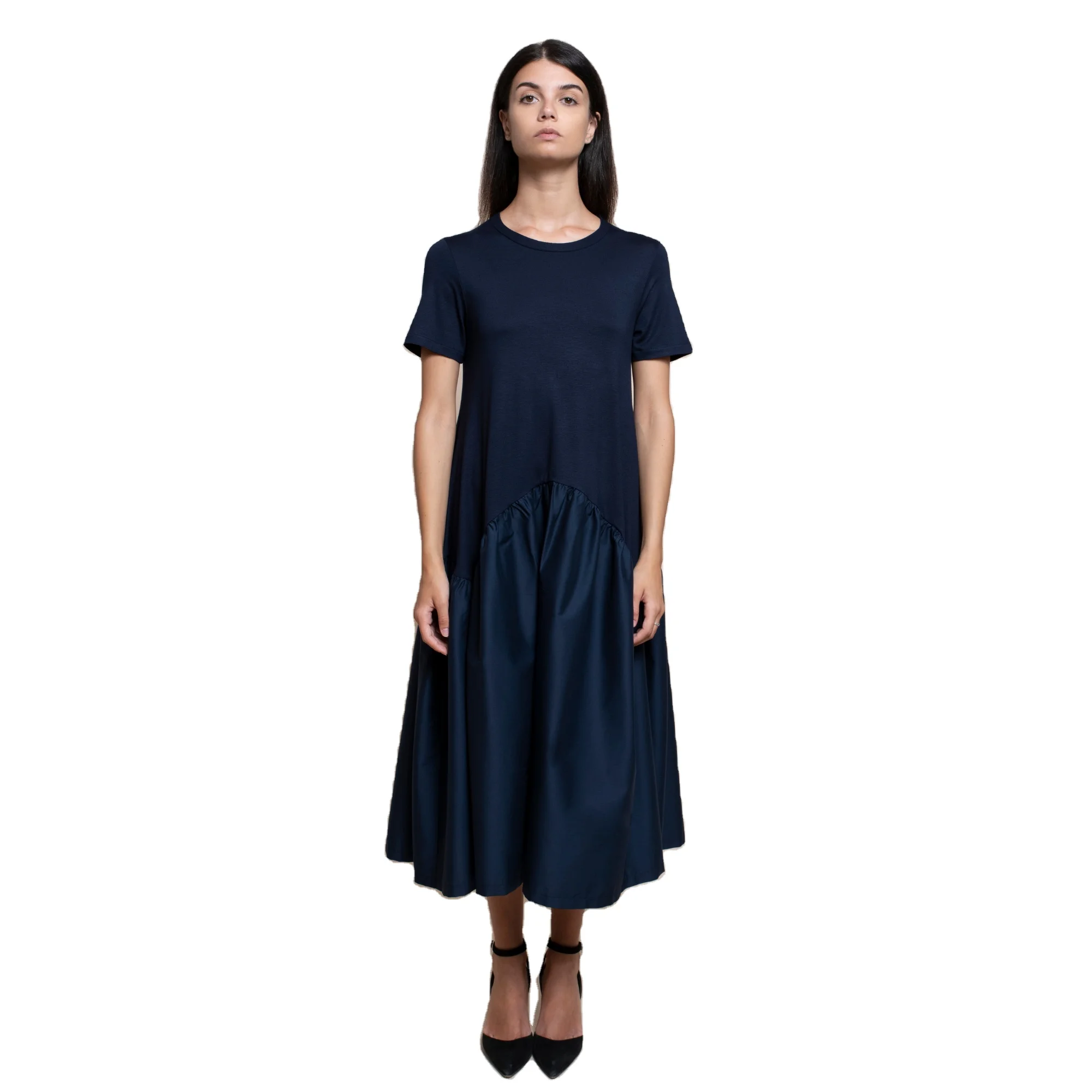 best quality italian long dress round neck half sleeve with cuts and gathered color solid color and polka dots