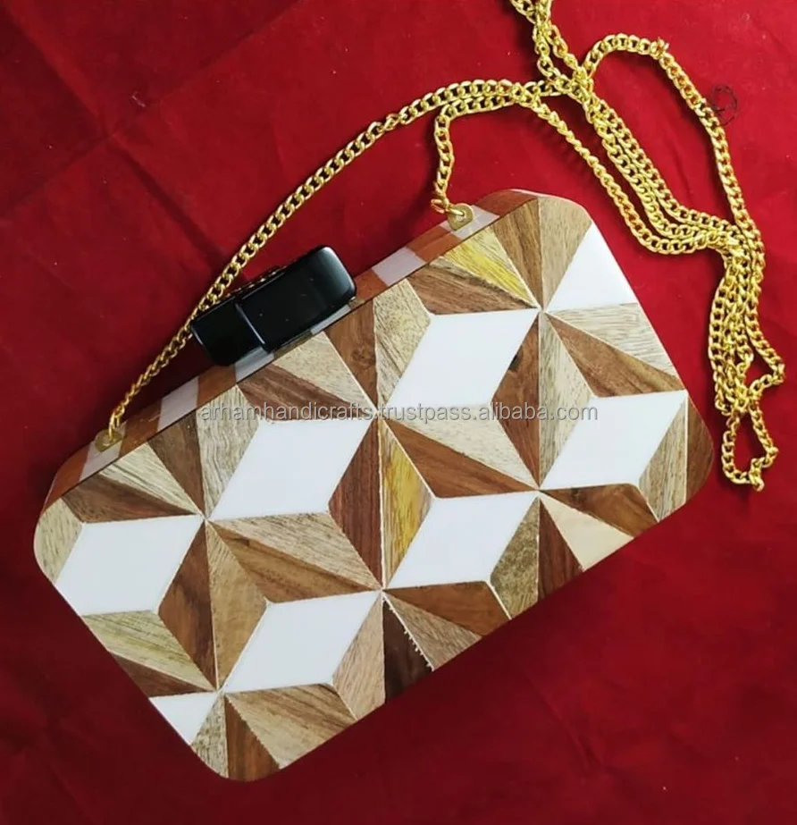 100% natural acacia Wooden Clutch Bag Handmade women and girls side purse with shoulder chain at low price by LUXURY CRAFTS