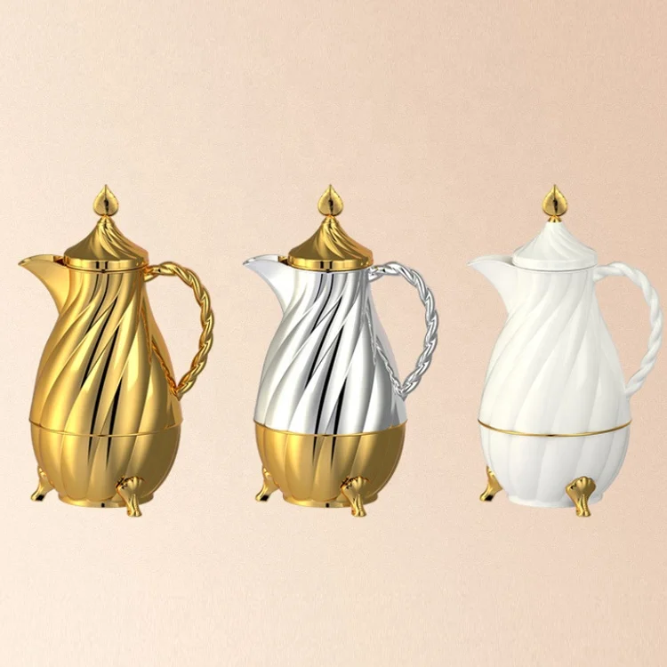 White and Gold Glass Liner Luxury Moroccan Style Vacuum Insulated Thermos Flask with Spout