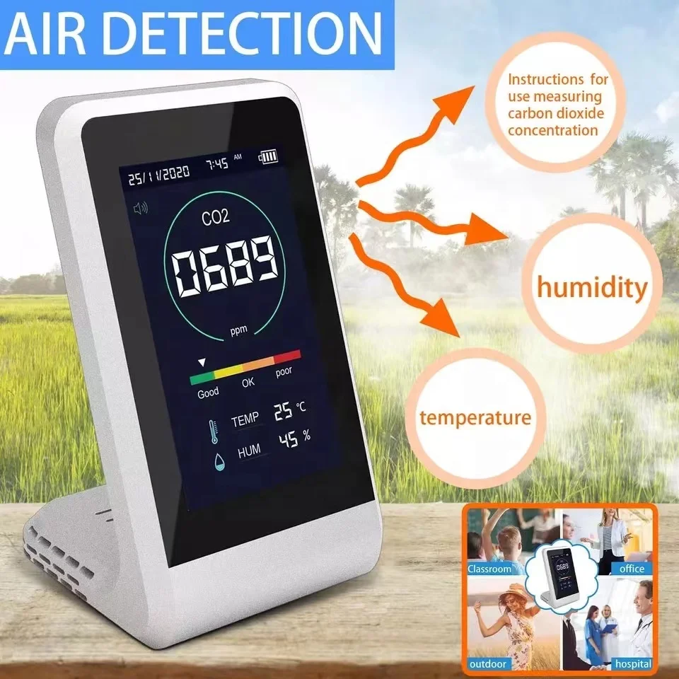 CO2 Monitor NDIR Temperature and Humidity and Air Quality Detector 2000mAh Rechargeable with Auto Alarm