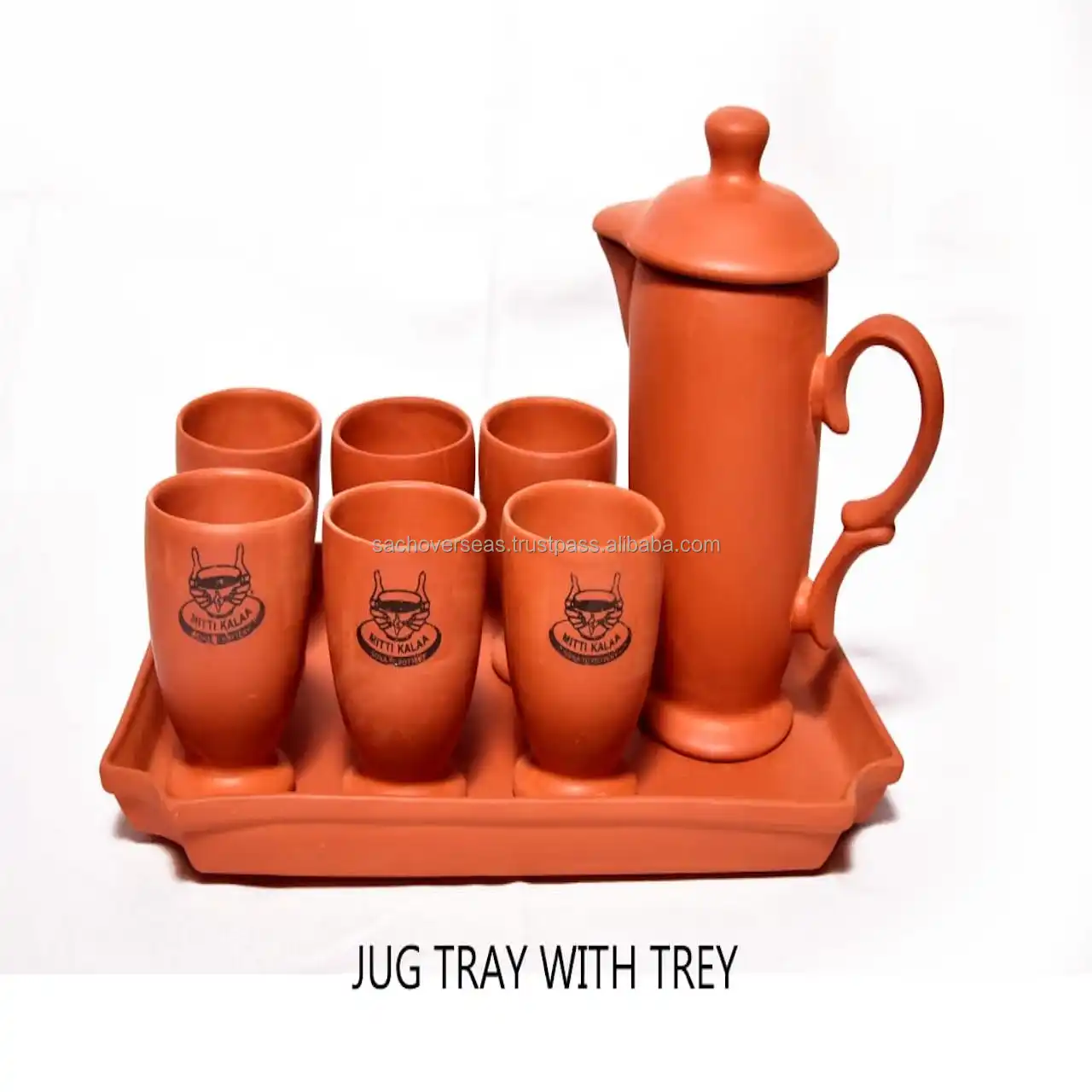 Ecofriendly Natural Terracota Clay Drinkware Glass and Jug Set with Tray For Water Serving