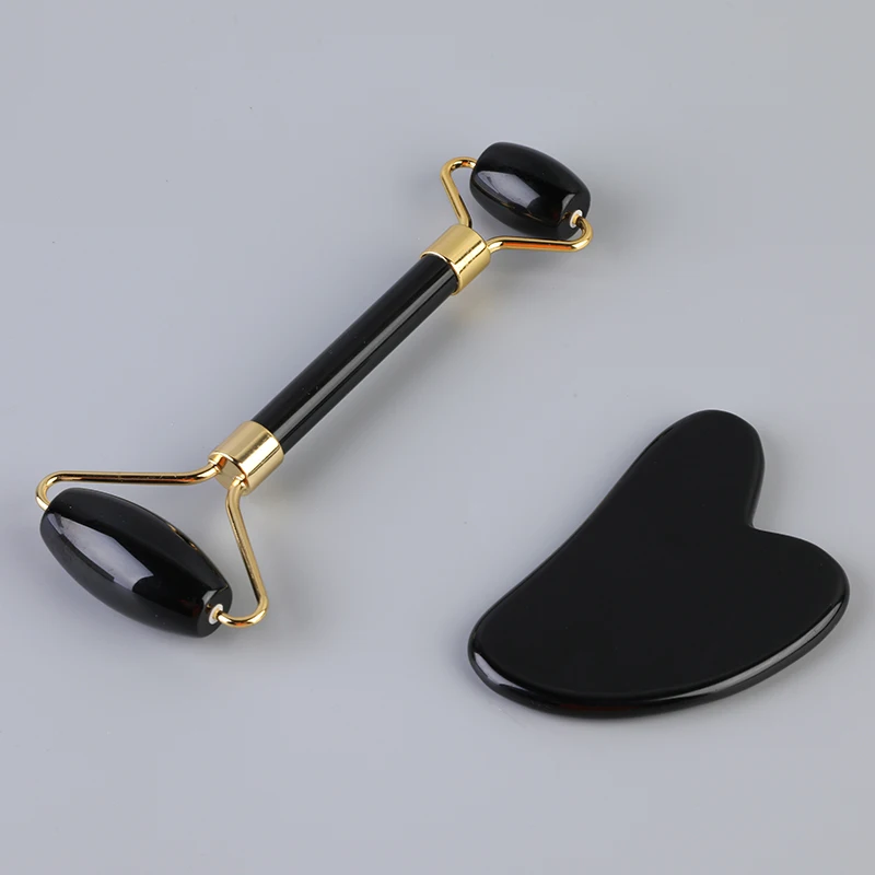 Wrinkles Anti-Aging Black Obsidian Gemstone Facial Massage Jade Facial Roller Set With Box
