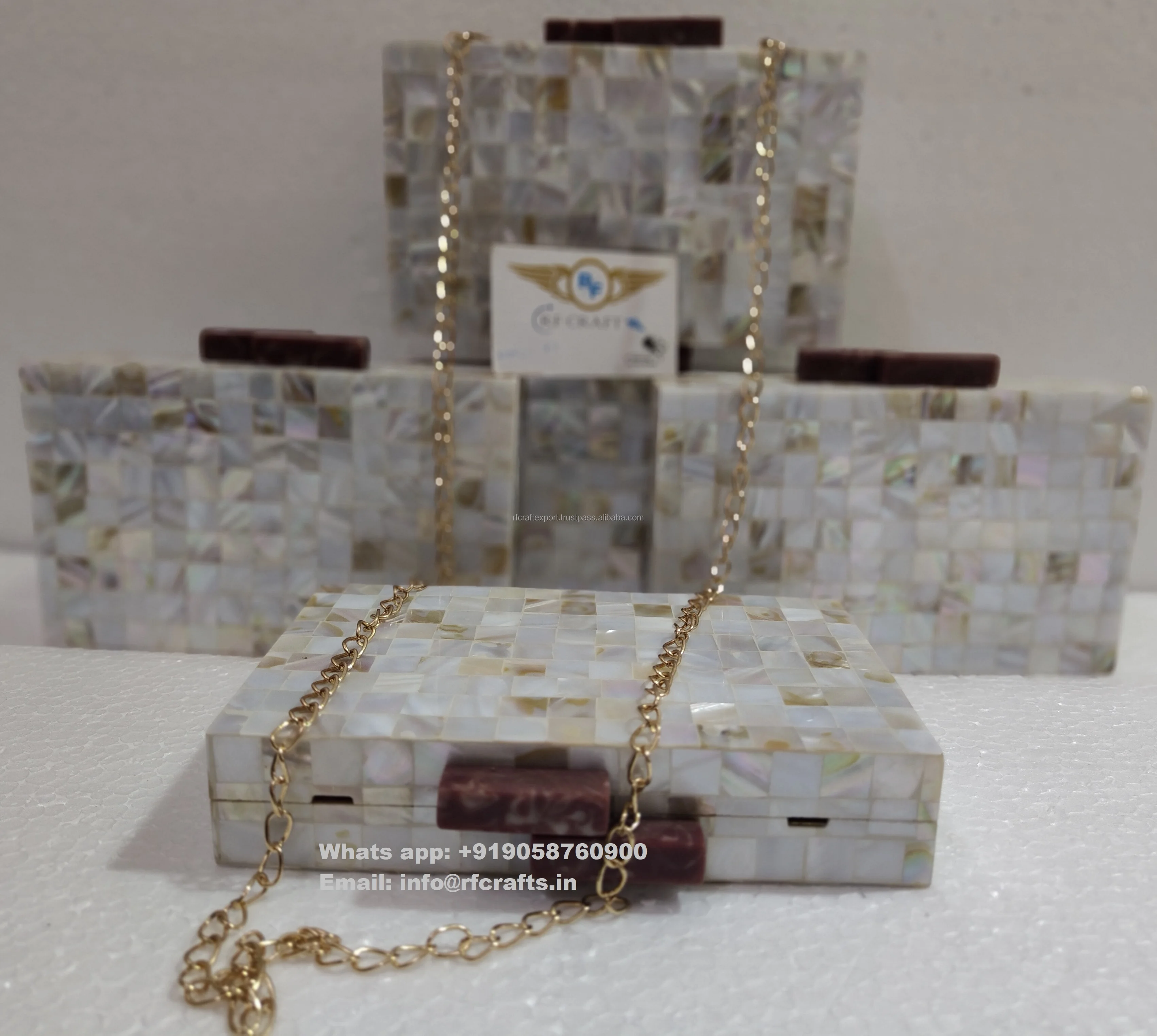 Modern Women Mother of pearl Purse Evening Clutch Bag Gold Chain Light Flower Customized Craft Logo Style Pattern by RF Crafts