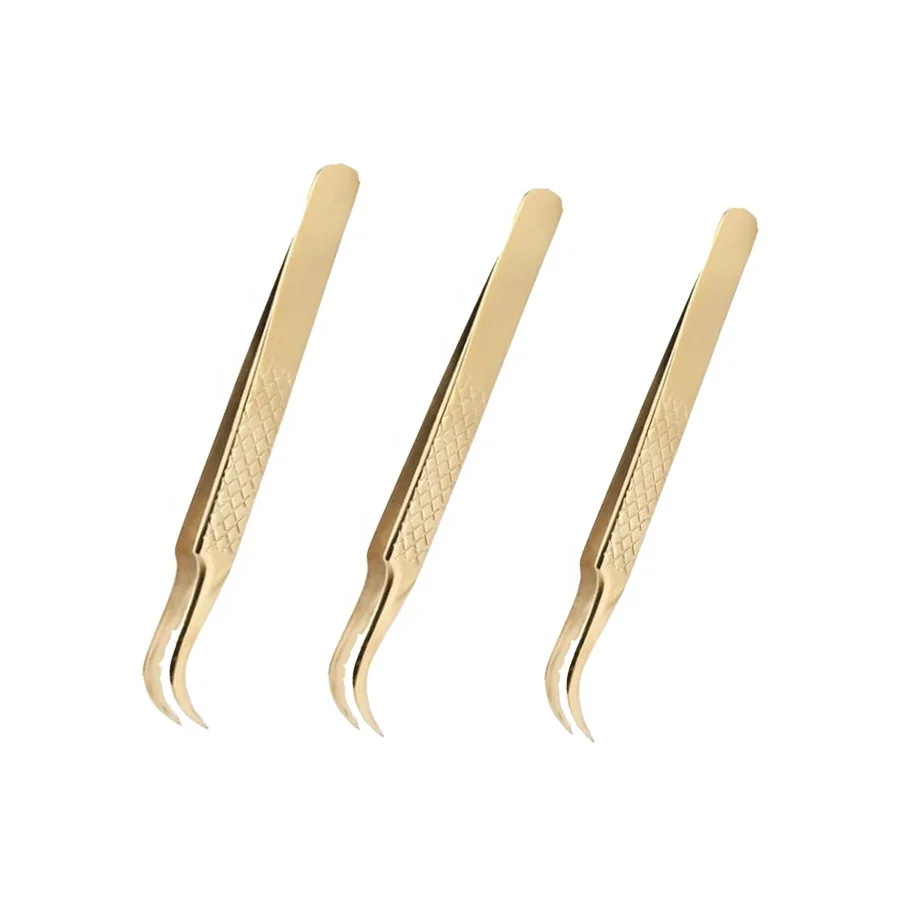 Wholesale Eyelash extension tweezers golden color with high quality eyelash tools kits lash tweezers
