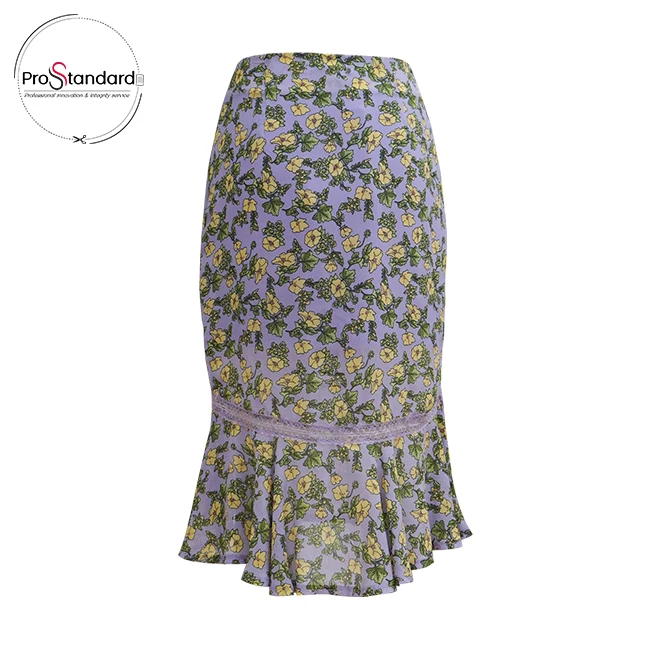 Women Floral Print Chiffon Midi Skirt Asymmetrical Mermaid Skirts With Calf Length
