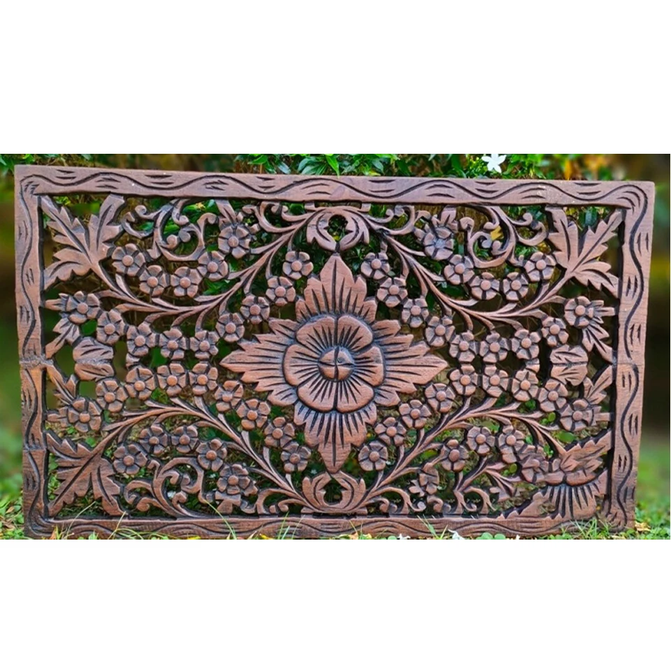 Asian Flower Carved Teak Wood Wall Art 60 x 35 cm in Brown Home Decor Home Decor Product