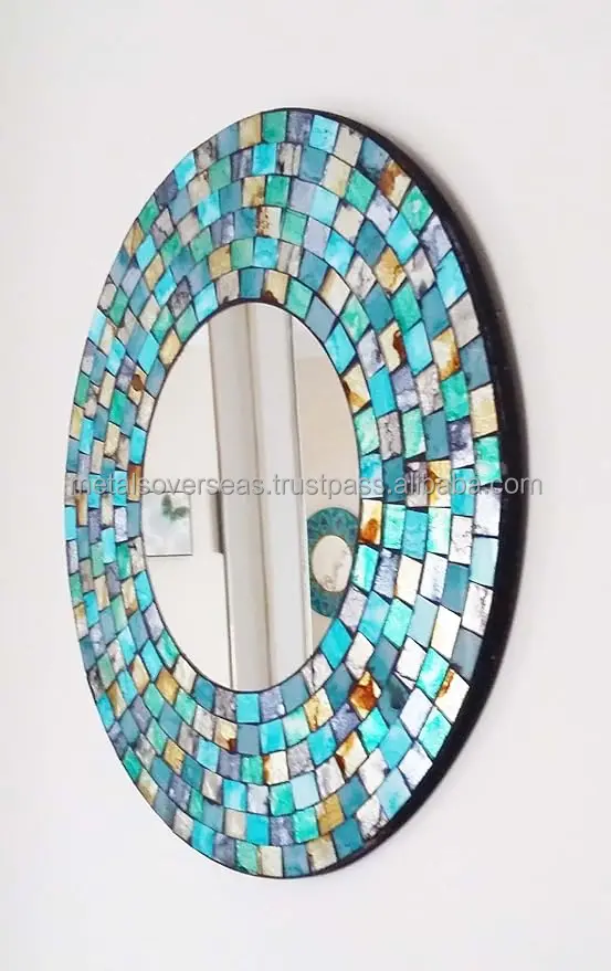 Modern Luxury round Wood Framed Glass Mosaic Hanging Mirror Large Decorative Wall Mounted Home for Living Room Bedroom Bathroom