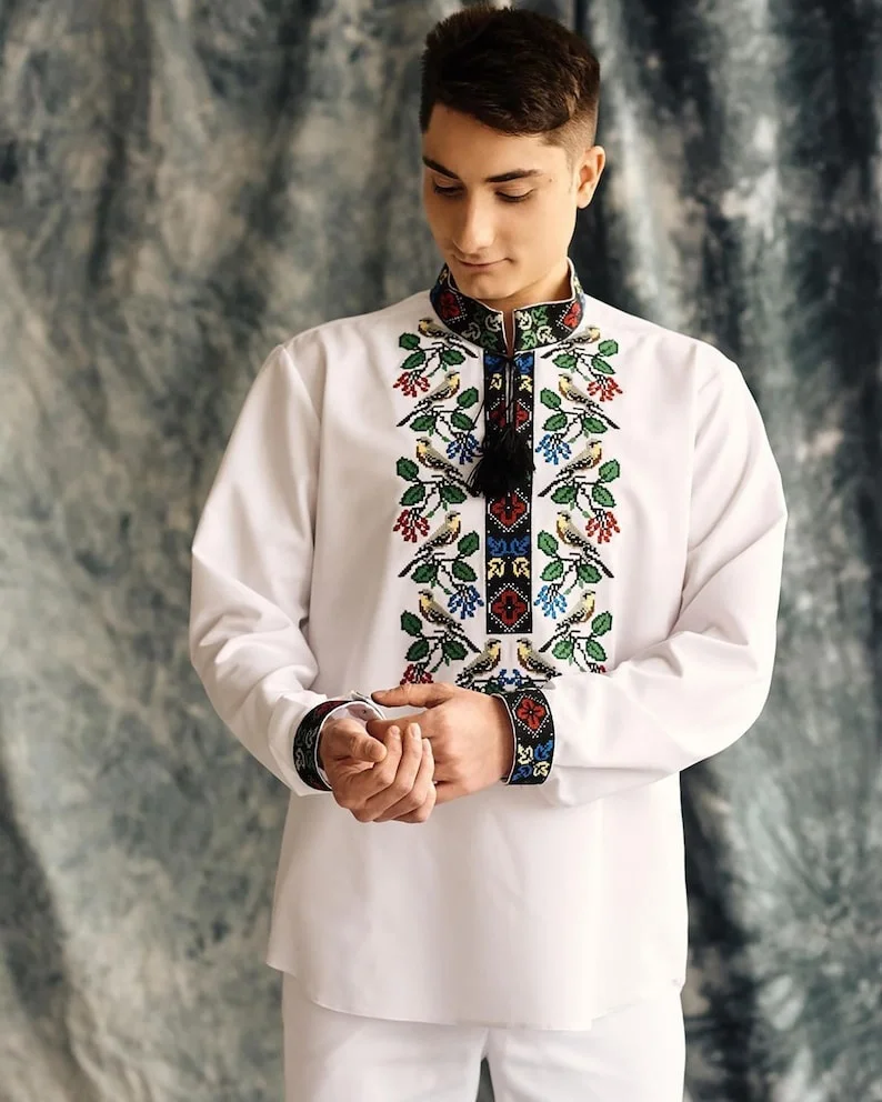 Stylish Ukraine White dress and shirt Ukrainian Clothing Green embroidered set of paired embroidery Ukrainian wedding clothes