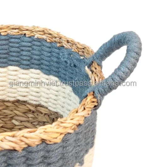 Wholesale price custom home decor round hand woven Jute seagrass cotton rope storage basket made in Vietnam