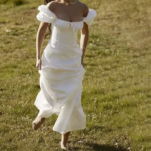 Summer Fashion Woman Slim Fit Sexy Puffed Sleeves Female Elegant Dresses White Wrap Waist Long Midi V Neck Maxi Casual Dress