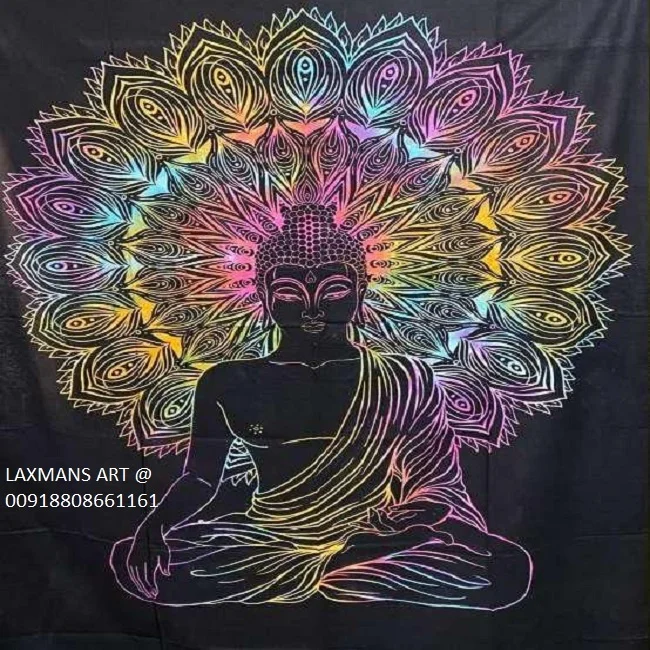 New Lord Buddha Multi Colours Cotton Printed Queen Size Bed sheets/ Wall Hangings Wholesale Supplier From India Buddha Tapestry
