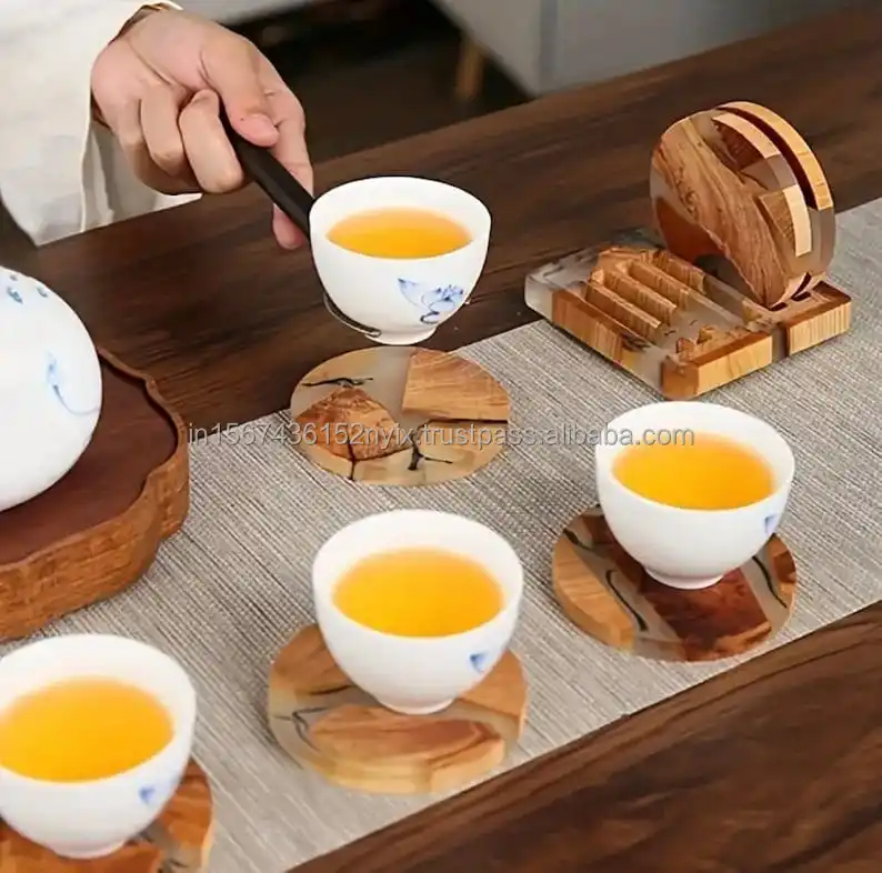 Transparent natural wood and epoxy resin coasters set