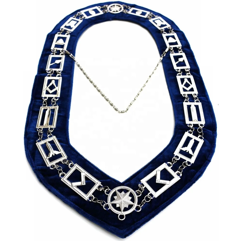 Masonic Blue Lodge Chain collar with Royal Blue Velvet and working tool jewels best quality chain collar