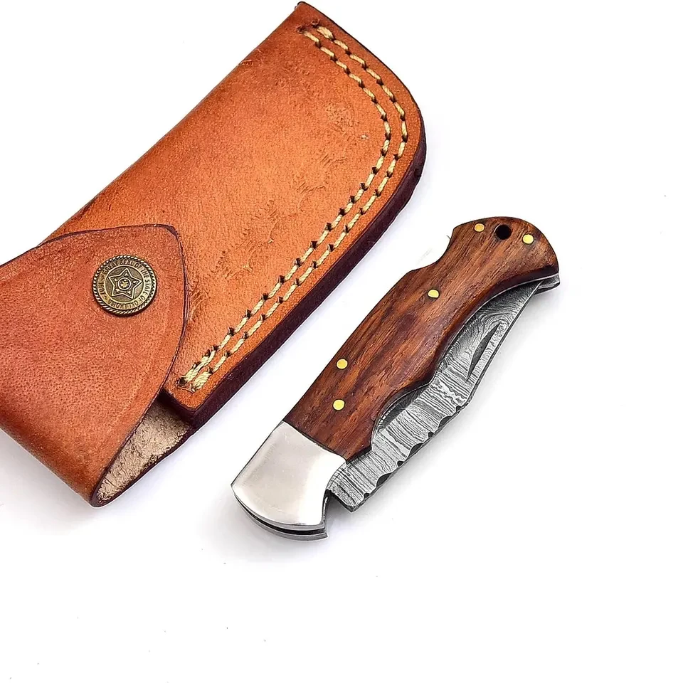 Custom Handmade Top Quality Damascus Steel Camping Knife Rose Wood Handle Pocket Knife Folding Knife