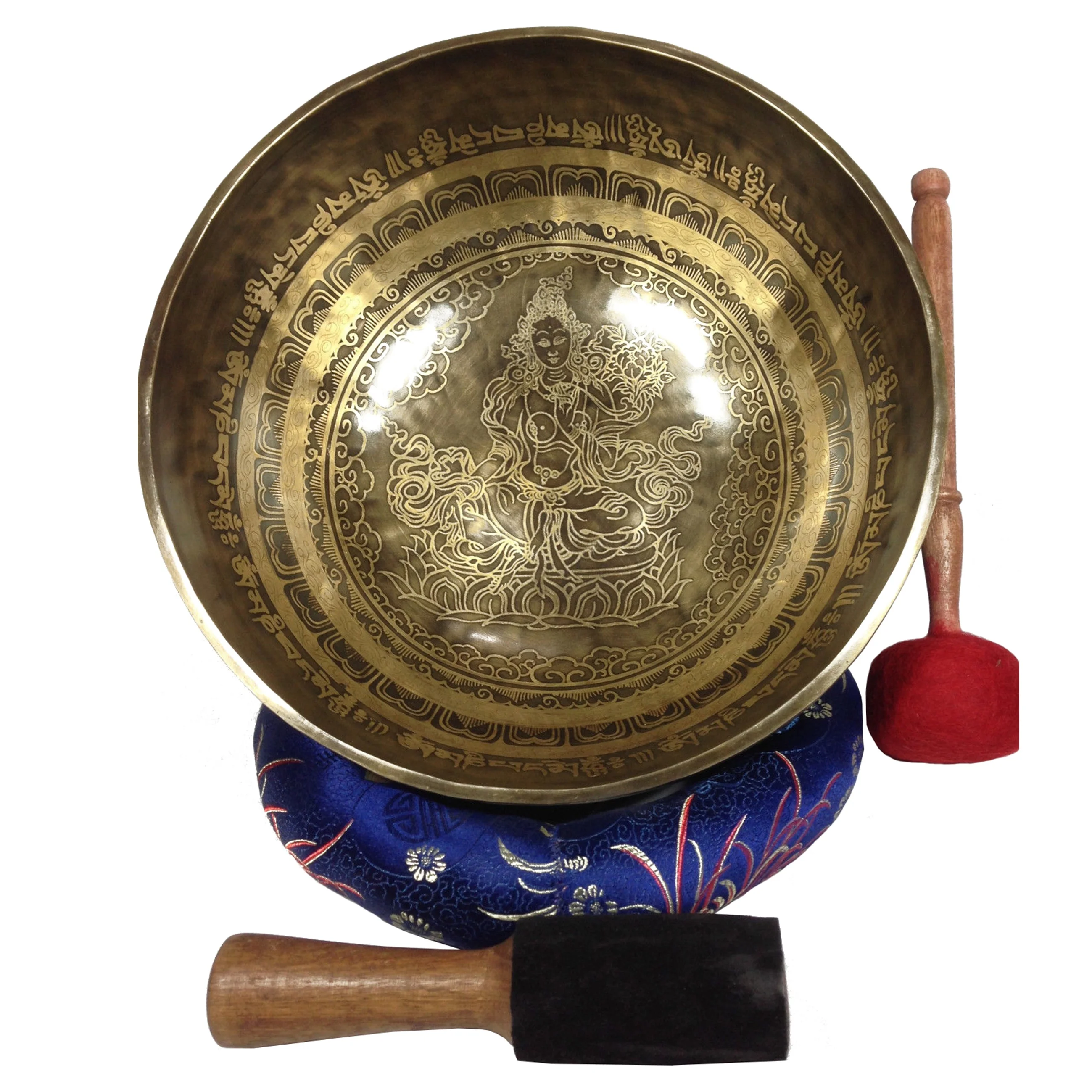 Large Meditation Singing Bowl Tibetan Buddhist Mantra Art Carved Sound Therapy and Healing Green Tara