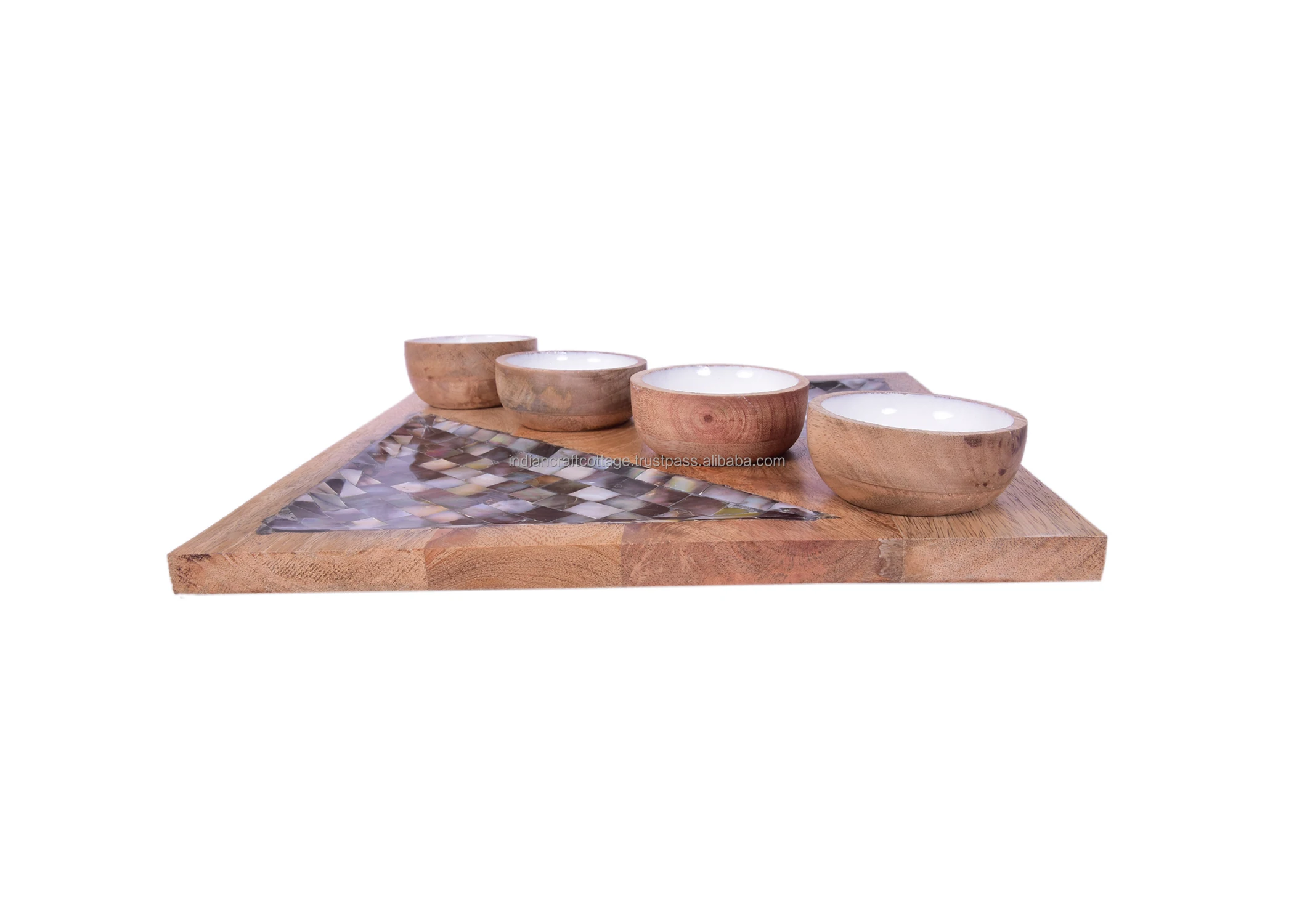 Mother of Pearl wooden snack platter Round serving tray Rustic platters Serving platters with four Bowls