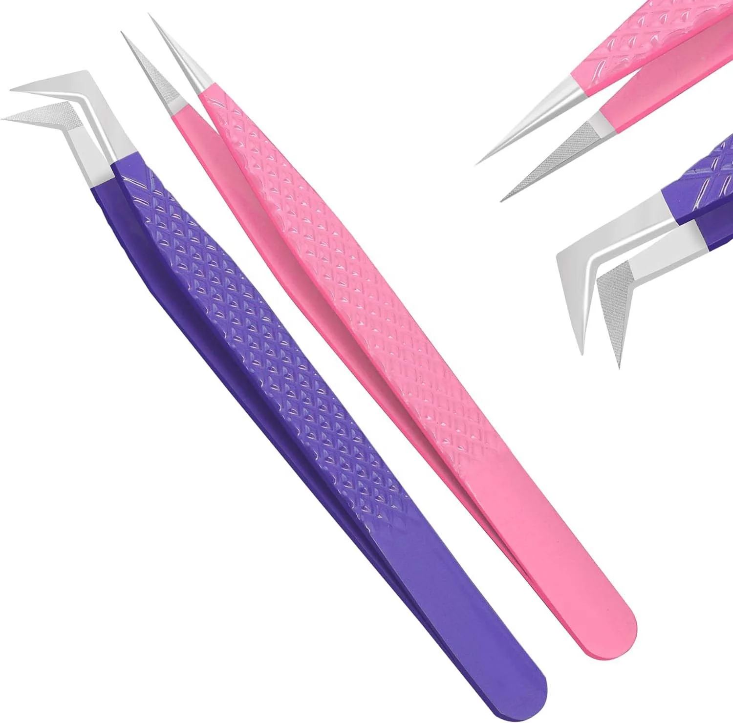 Fiber Tip Lash Tweezers Diamond Grip Eyelash Tweezers, L-Shape Tweezers for Lash Extensions, Lash Extension Tweezers