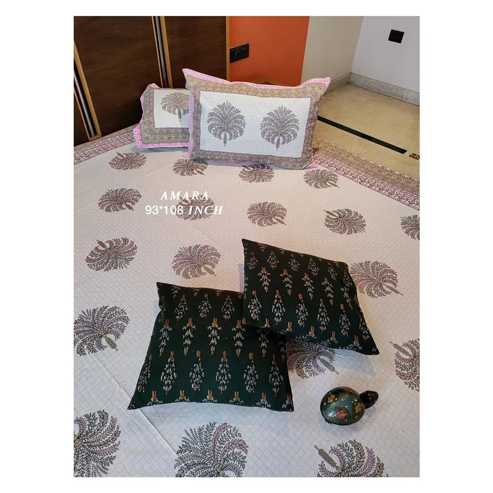 AMBS002 Latest Premium Collection  Amara & Masakali 93x108 With 2 Hand Block Cushion Covers Premium Queen Size Bed Sheets