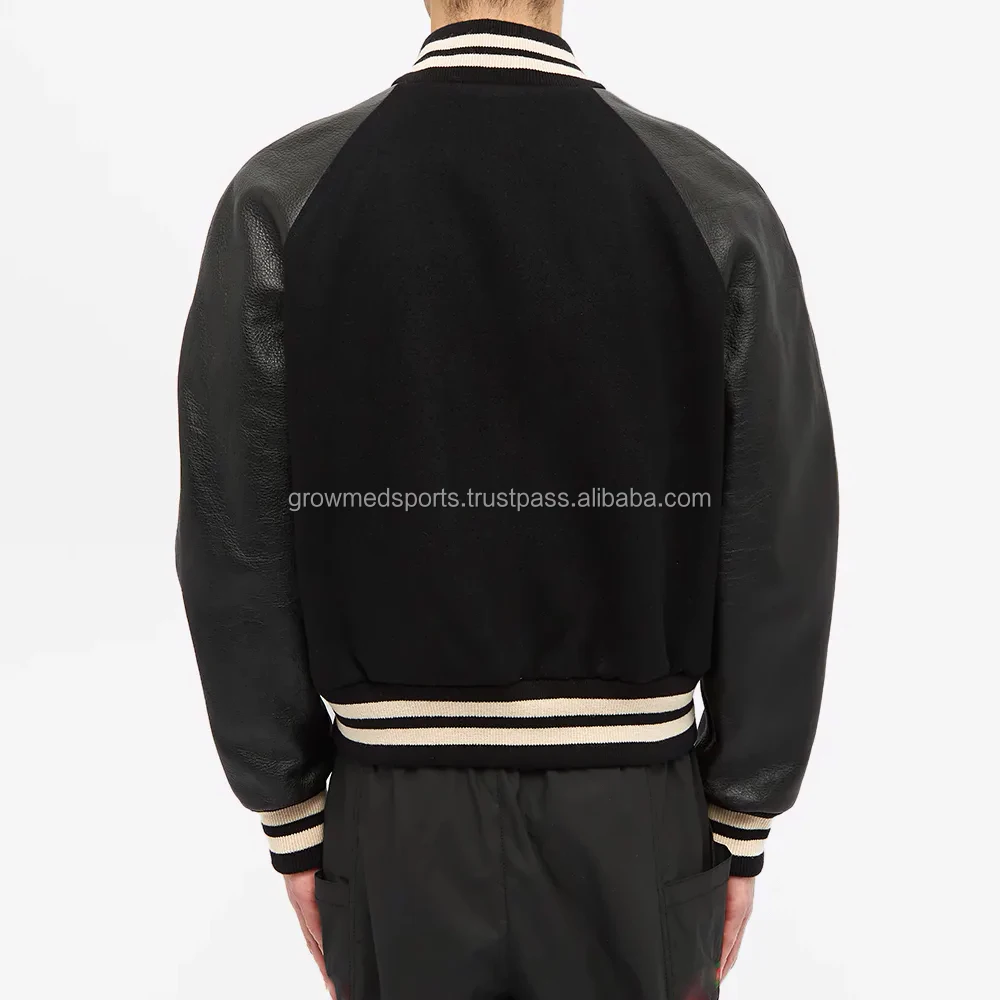 Street Fashion Men Casual Varsity Jacket Leather Sleeve Thick Warm Wool Fabric