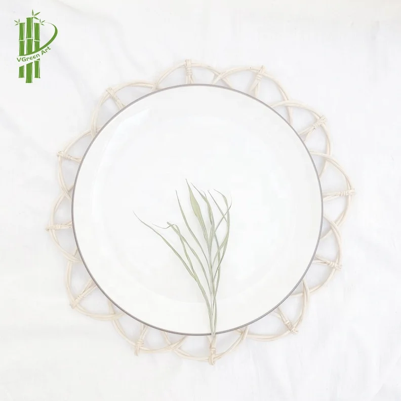 KITCHEN ACCESSORIES woven rattan placemat wood coaster round charger plates flower shape white brown wedding decoration supplies