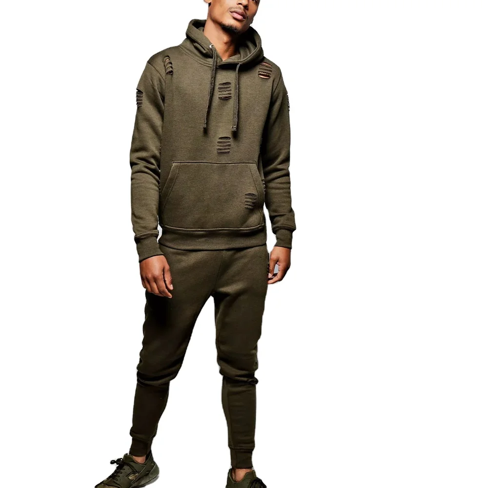 High Quality Custom Men Distressed Tracksuit Men Distressed Tracksuit Men Acid Wash Jogger And Hoodie Set High Quality