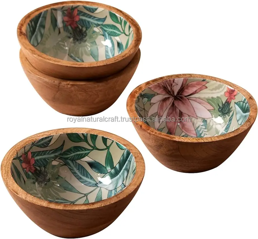Best Quality Mixing Bowls  for Fruits Salad Bowl with Servers Set Golden Print Resin Mango Wood Solid Party Wooden Bowls
