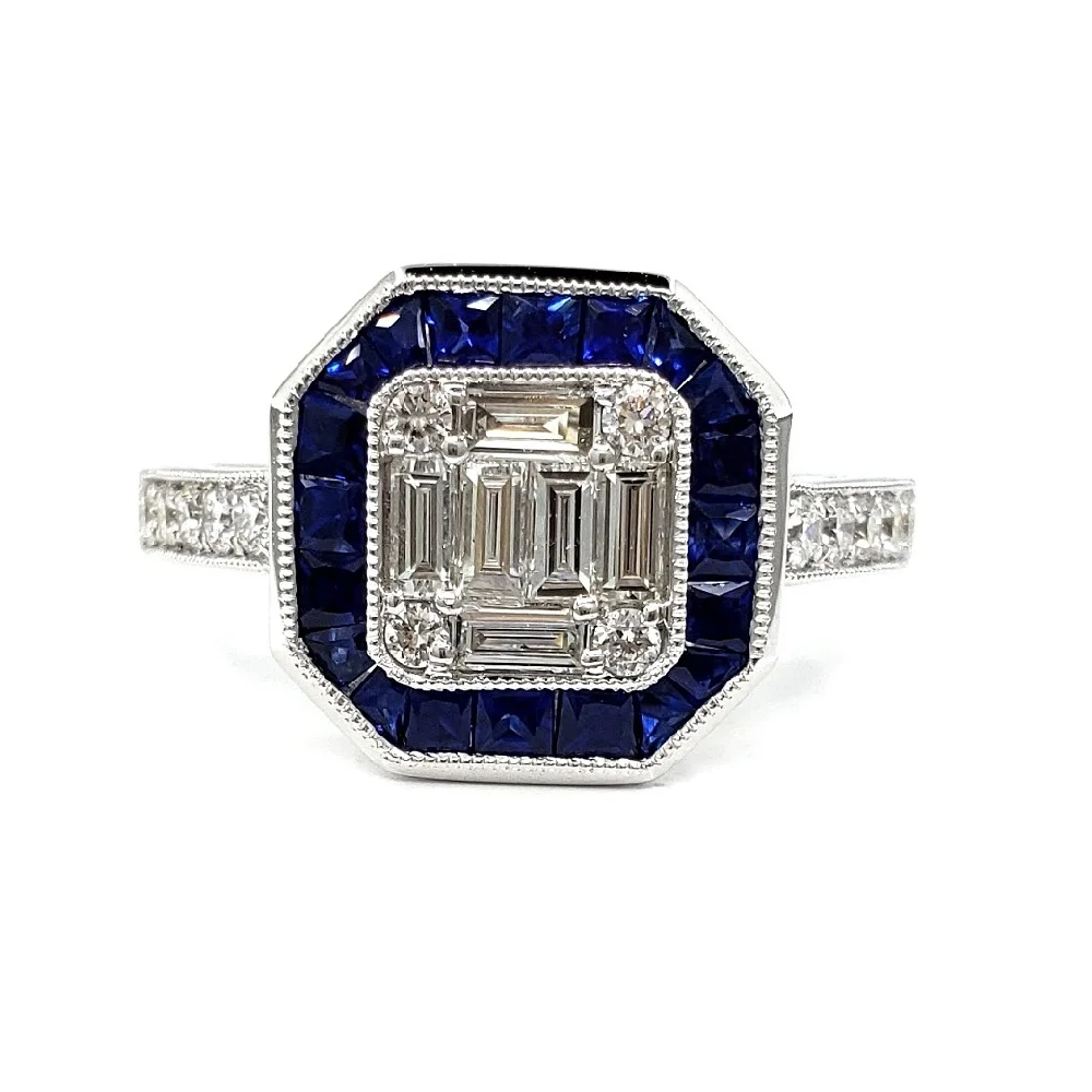 Fine jewelry wholesale genuine women design 18k solid gold natural baguette diamond sapphire cluster rings for christmas