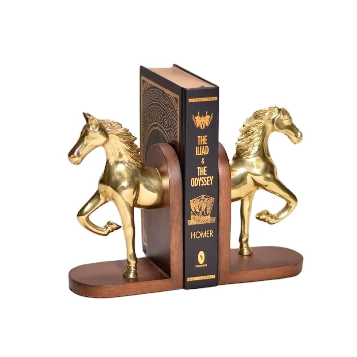 Hot Sale Aluminium Gold Horse Design Bookends Decor Office College Table Book Stand book With Wood Base