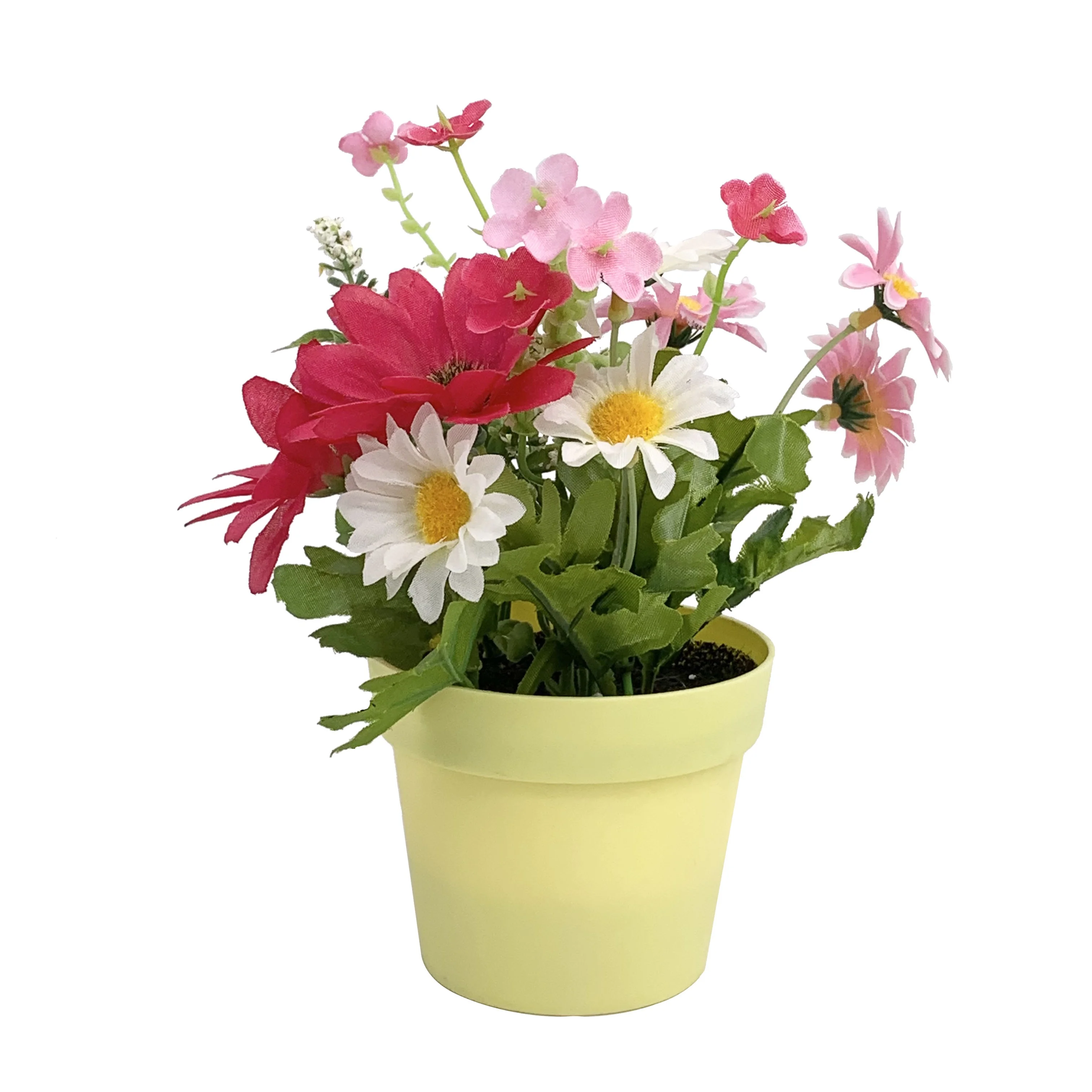 Newest decorative artificial flower chrysanthemum for home decor 2 assorted color in yellow plastic pot shopping mall kitchen