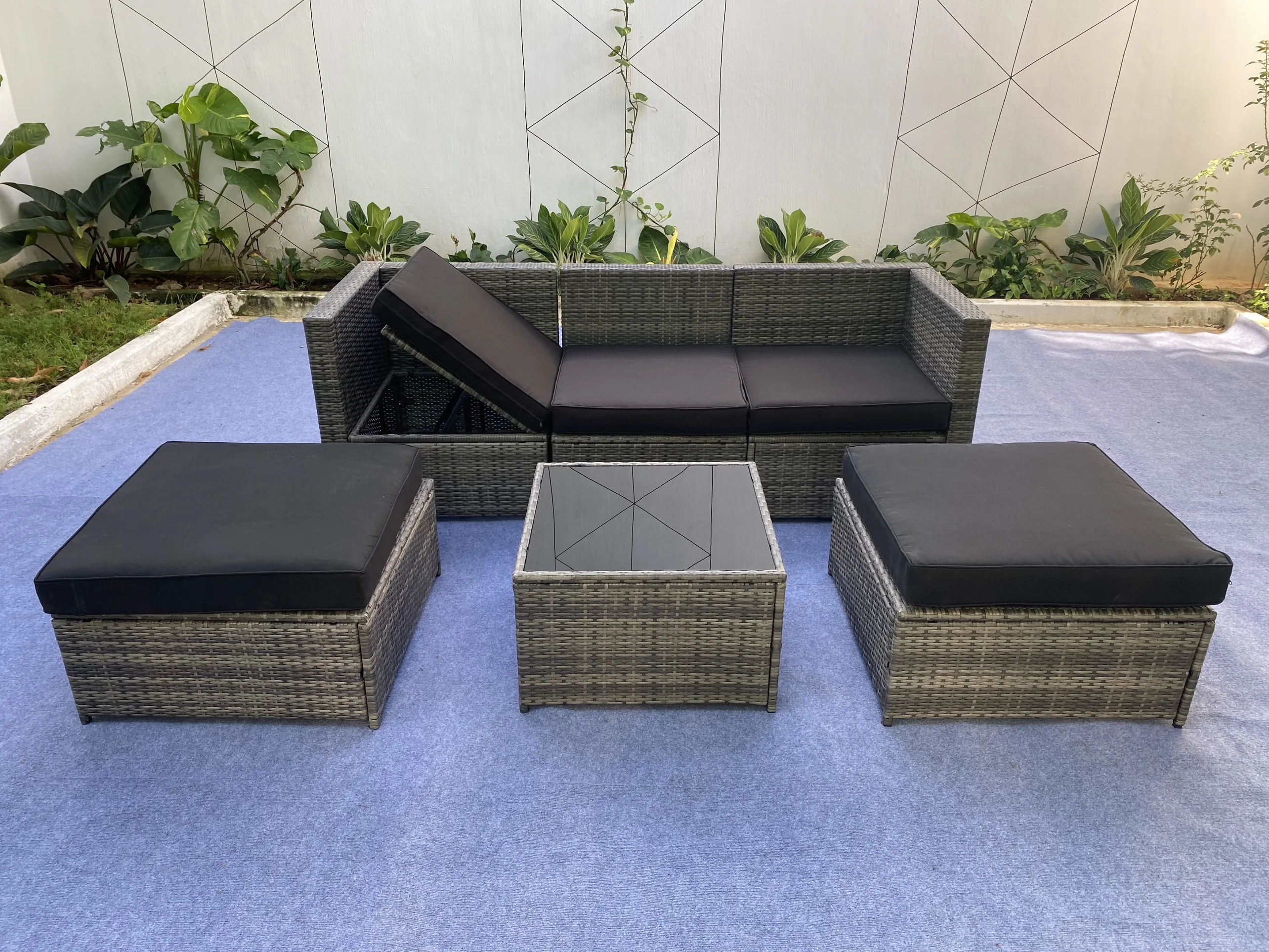 6 Pieces Patio Furniture Sets Outdoor Sectional Sofa Set, Modern Garden Conversation Set with Cushion and Glass