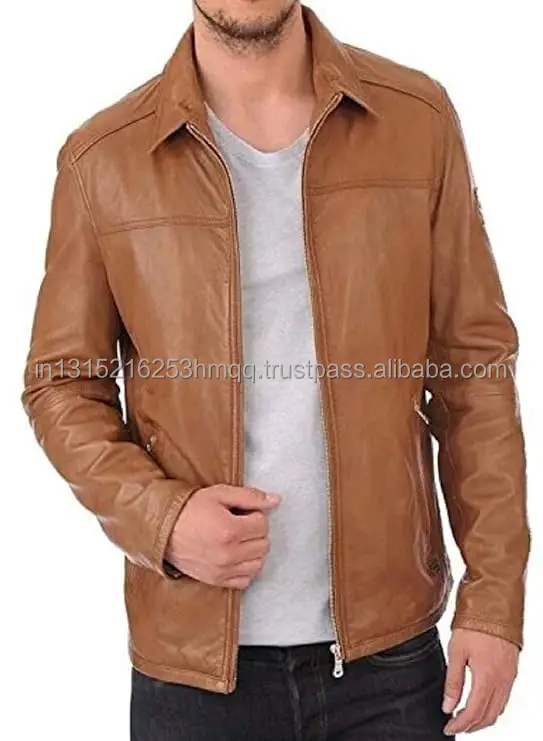 natural Leather Sheepskin  Zipper  Brown Men Biker Jacket with Quilted Viscose Lining Inside Outside Pocket 2024 design