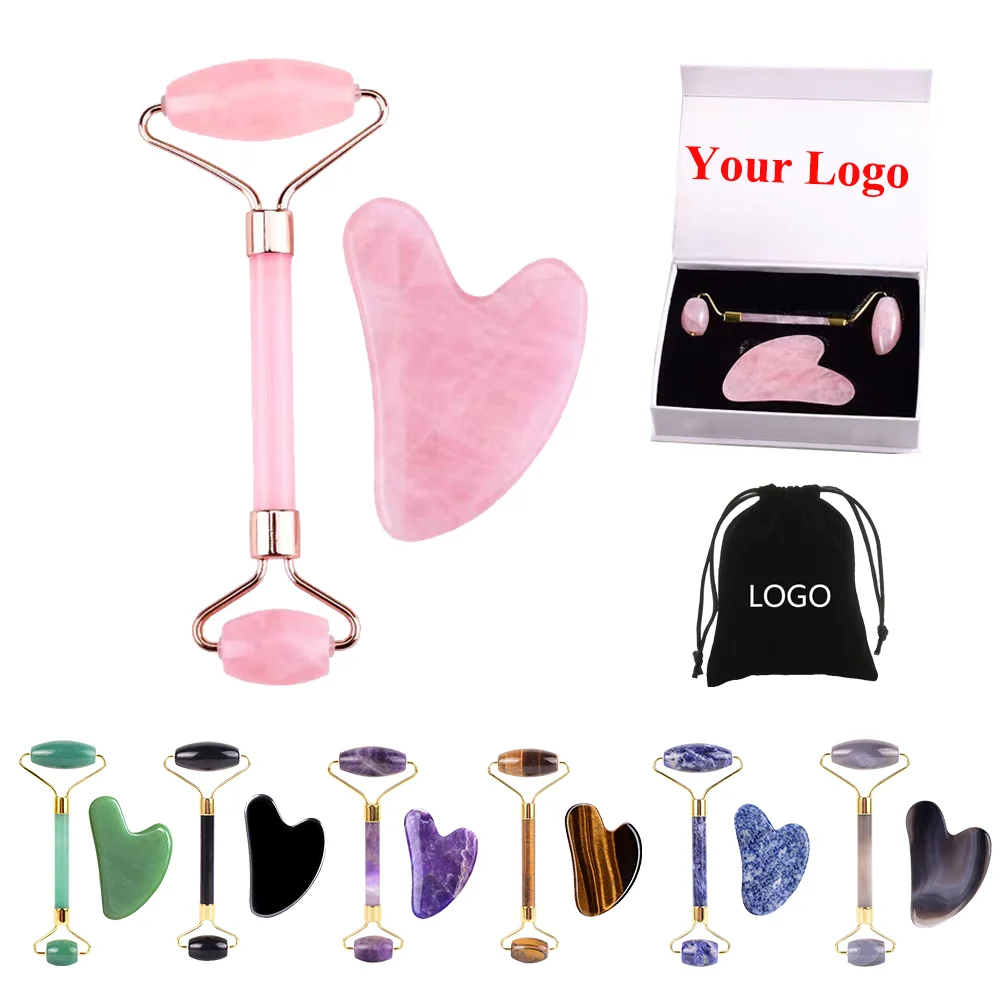 Rose Quartz Jade Roller Gua Sha Set Green Pink White Purple Black Blue Jade Heart Gua Sha Stone Roller Crystal Guasha Face Tool