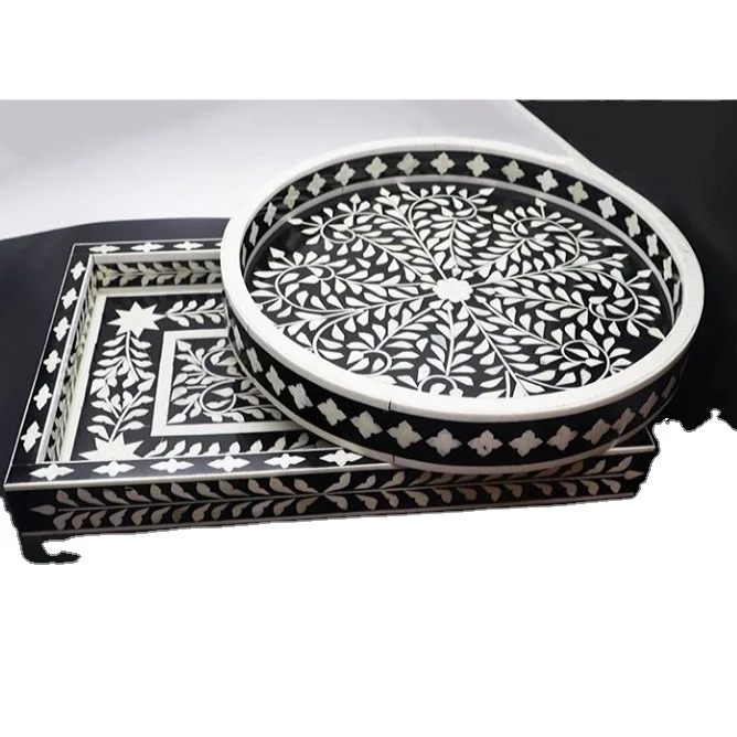 
Latest Set Of 2 Inlayed Food Serving Tray Decorative Mother Of Pearl Tray For Restaurant & Hotel Supplies 