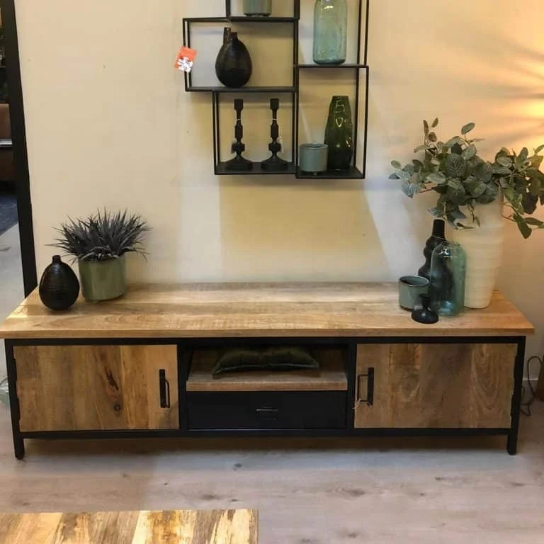 Vintage Industrial TV Media Cabinet Unit Jodhpur Mango Ara Wood TV Unit Cabinet Living Room Iron Wooden TV Cabinet Storage