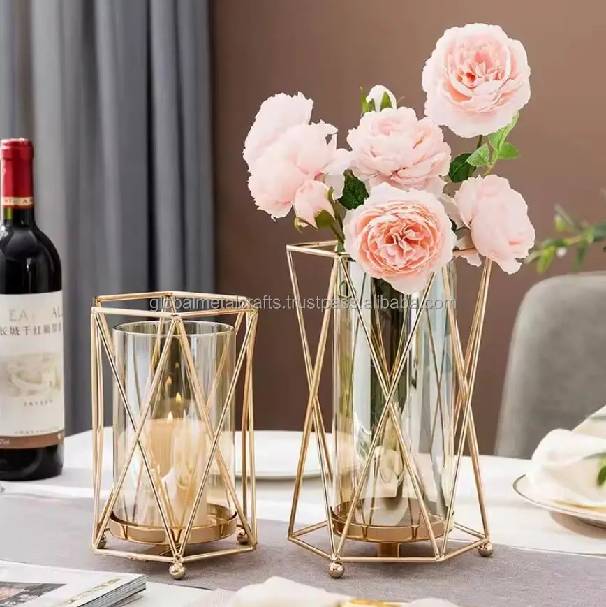 Luxury Gold Pillar Candle Holder Geometric Metal Rack Stand With Glass Decorative Cylinder Golden Vase
